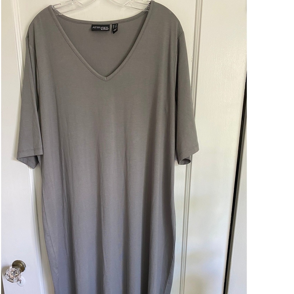 Attitudes Renee Maxi Dress Women 2X Gray V-Neck Elbow Sleeve Como Jersey A612907